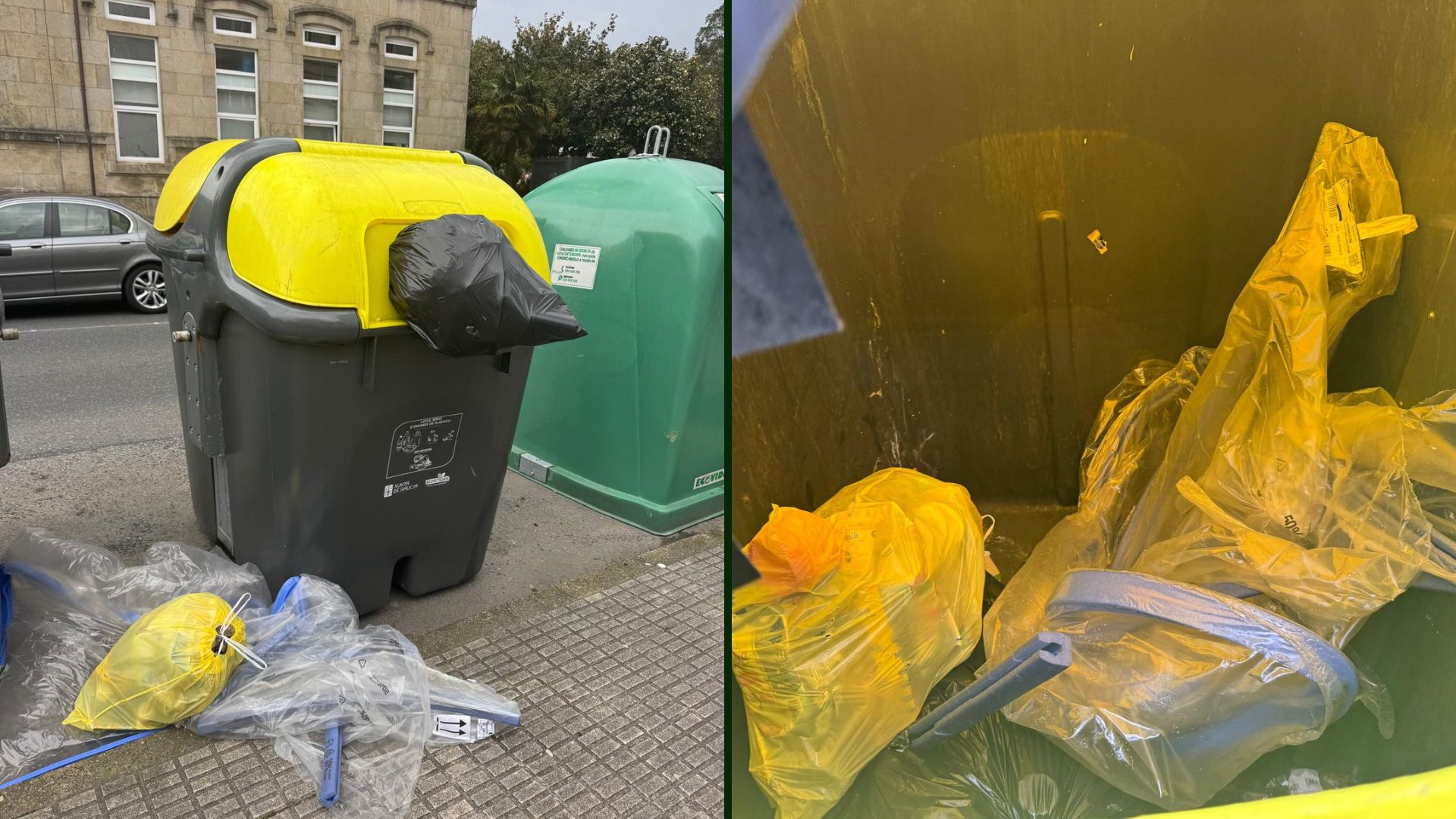Aparecen bolsas de plástico fóra do contedor estando este baleiro