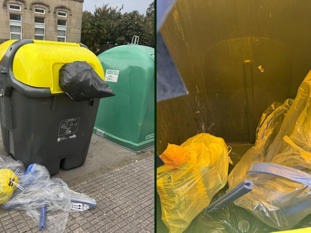 Aparecen bolsas de plástico fóra do contedor estando este&nbsp;baleiro